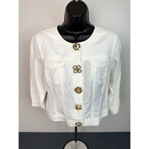 Ruby Rd Women's Retro Decorative Button Linen Blend 3/4 Sleeve Crop Top sz 8P